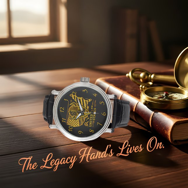 Golden Bison Illustration mit US-Karte und -Flagge Armbanduhr (Von Creator hochgeladen)