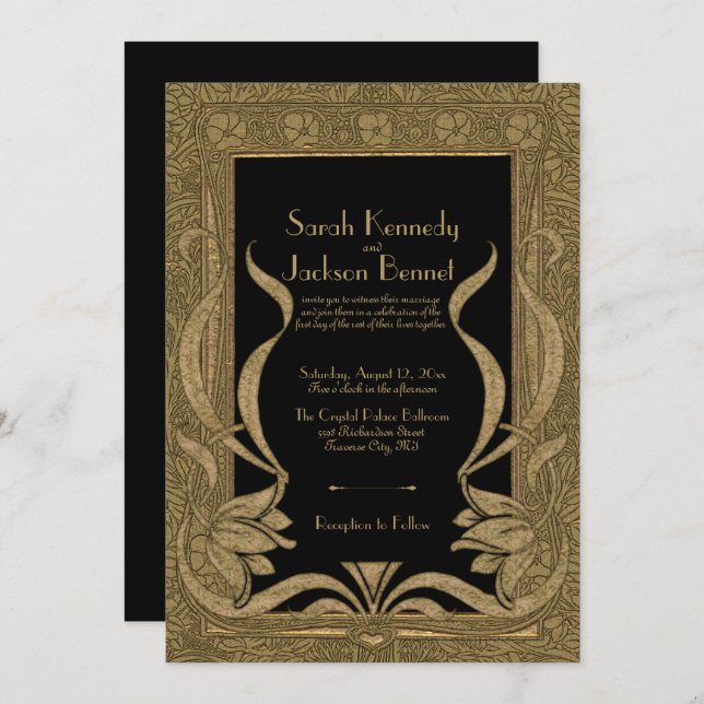Golden Black Art Nouveau Elegante Hochzeit Einladung (Vorne/Hinten)