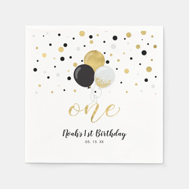 Golden & Black Balloons, Confetti Boy 1. Geburtsta Serviette (Vorderseite)
