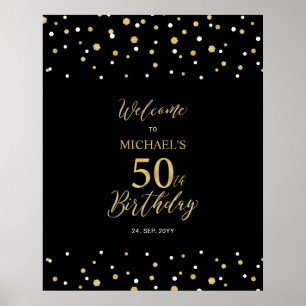Golden & Black Confetti 50. Geburtstagsparty Willk Poster