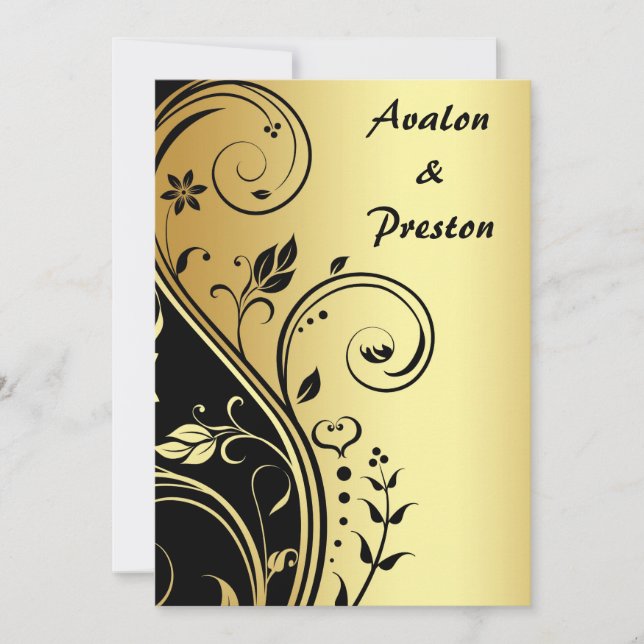 Golden & Black Floral Scroll Hochzeit Einladung (Vorderseite)