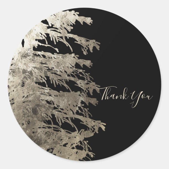 Golden & Black Glam Pine Tree Rustikale Wald Hochz Runder Aufkleber (Vorderseite)