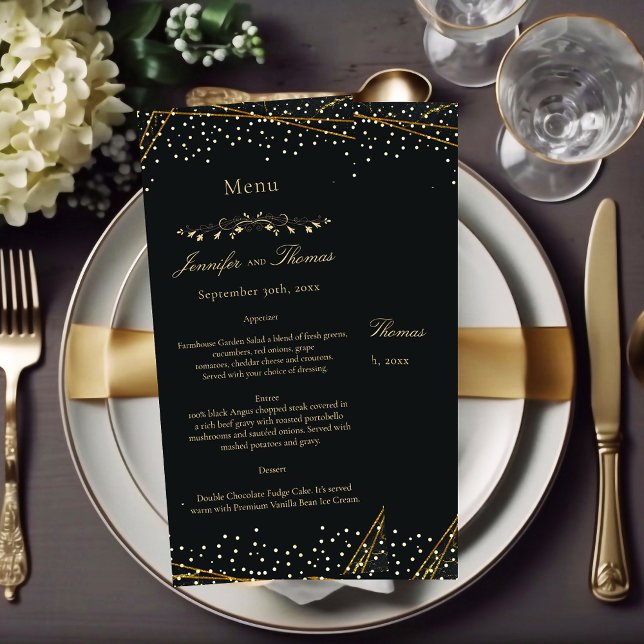 Golden Black Glitzer Confetti Wedding Menu Menükarte (Von Creator hochgeladen)