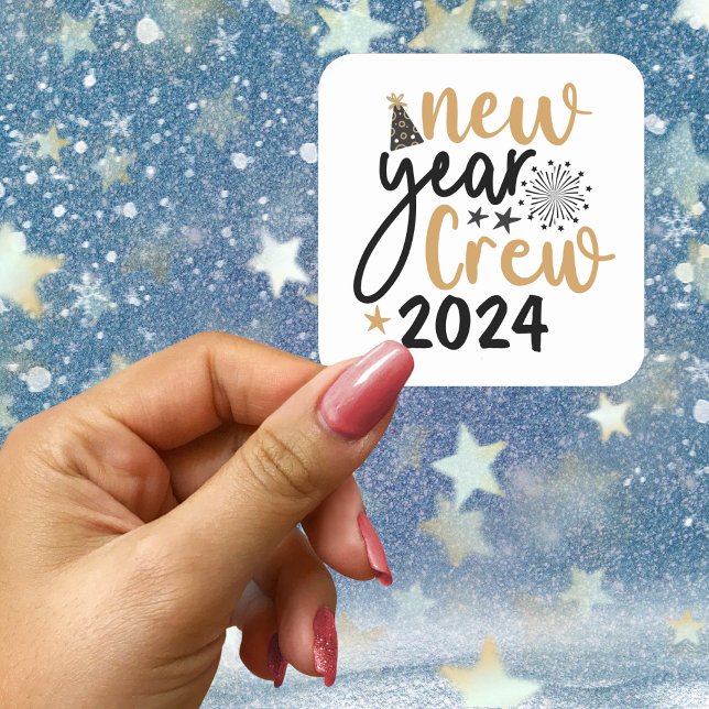 Golden & Black New Year Crew (angepasstes Jahr) Quadratischer Aufkleber (Golden & Black New Year Crew (customized year) Square Sticker)