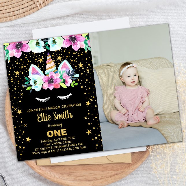 Golden Black Unicorn Einladung zum Foto (Golden Black Unicorn Birthday Invitations w photo)