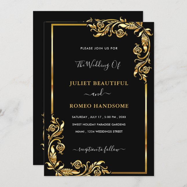 Golden Black Wedding Invitation Gold Blätter Rahme (Vorne/Hinten)