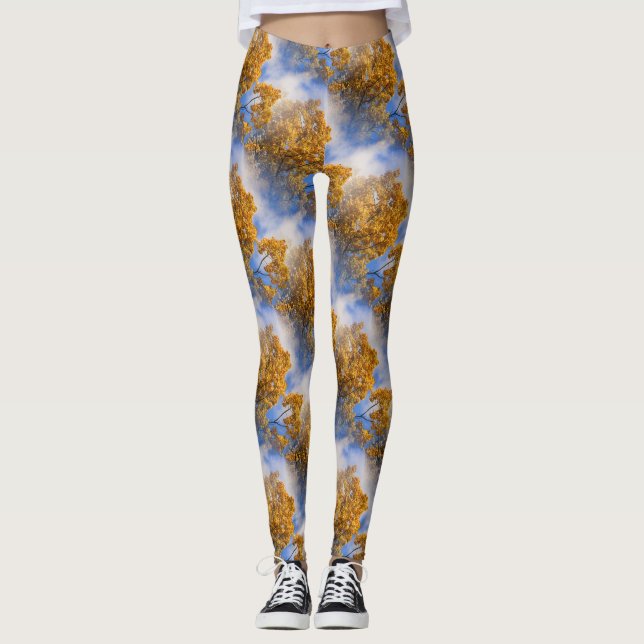 Golden Blätter Blue Sky Nattern Muster Leggings (Vorderseite)