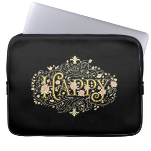 Golden Bliss: Elegante Florale Happy Laptopschutzhülle