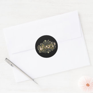 Golden Bliss: Elegantes Florales Glücklich Runder Aufkleber
