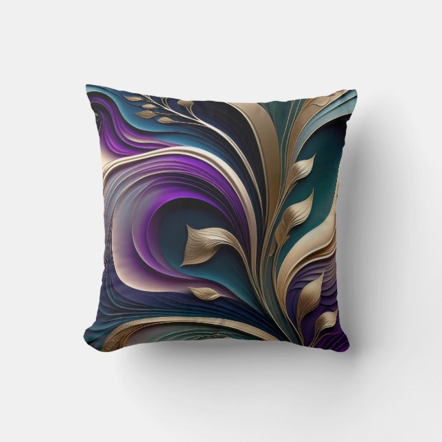 Golden Bloom - Deep Purple and Teal Abstract Flora Kissen (Vorderseite)