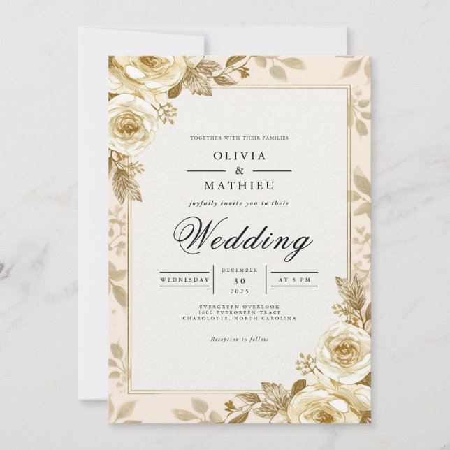 Golden Bloom Floral Frame Wedding Einladung (Vorderseite)