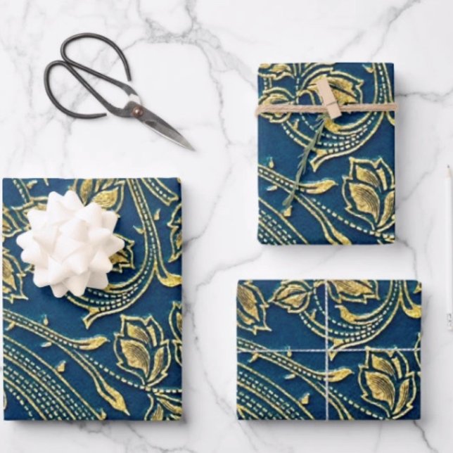 Golden Blossom Wrapping Paper Flat Sheet Set 3 Geschenkpapier Set (Sheets Size: 19" x 29”. Sold in sets of 3. D: 19.5" x 28.5" sheets. Grid  for precise wrapping. 
)