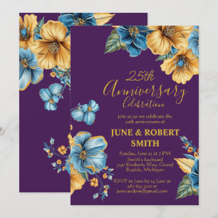 Golden Blue Blume 25. Hochzeitstag Einladung