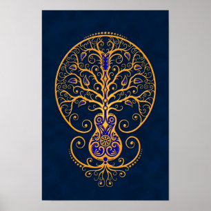 Golden Blue Guitar Tree of Life Poster