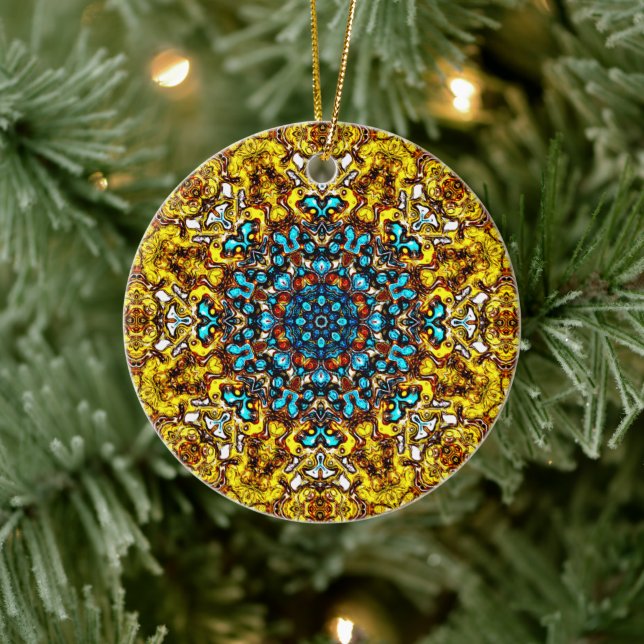 Golden-blue snowflake like pattern (sunset-Joker) Keramik Ornament (Baum)