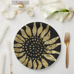 Golden Blüh   Elegante Goldblume auf Schwarz Pappteller