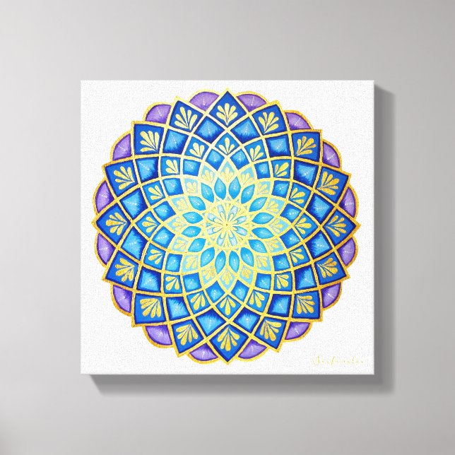 Golden Blume Blue Lila Mandala Leinwanddruck (Vorderseite)