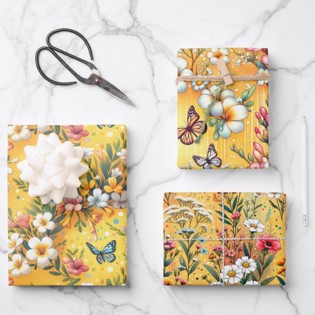 Golden Blumen Garten 3 Geschenkpapier Set (Vorderseite)