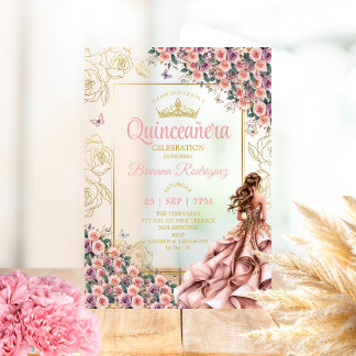 Golden Blush Pink Rosen Quinceañera Acryleinladungen