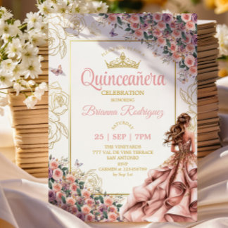 Golden Blush Pink Rosen Quinceañera  Einladung