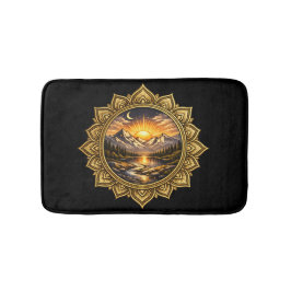 Golden Boho Mandala Mountain Sunset Art | Black Badematte