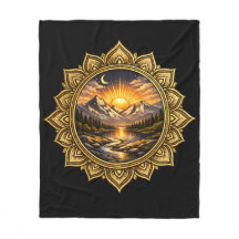 Golden Boho Mandala Mountain Sunset Art | Black