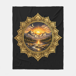 Golden Boho Mandala Mountain Sunset Art | Black Fleecedecke