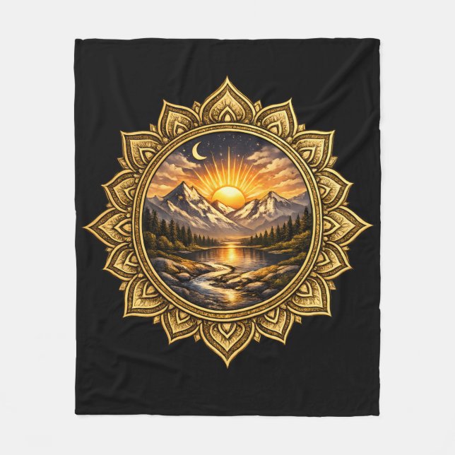 Golden Boho Mandala Mountain Sunset Art | Black Fleecedecke (Vorderseite)