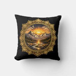 Golden Boho Mandala Mountain Sunset Art | Black Kissen