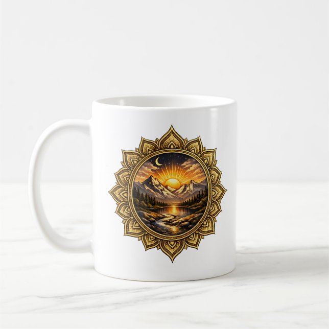 Golden Boho Mandala Mountain Sunset | Boho Sun Art Kaffeetasse (Links)