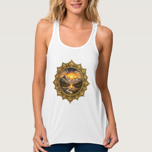 Golden Boho Mandala Mountain Sunset | Boho Sun Art Tank Top (Vorderseite)