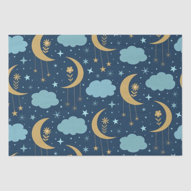 Golden Boho Moon mit blauen Wolken Seidenpapier (Vorderseite)