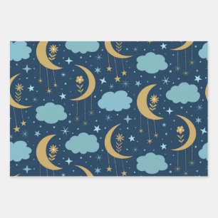 Golden Boho Moon mit Blume Wolken Geschenkpapier Set