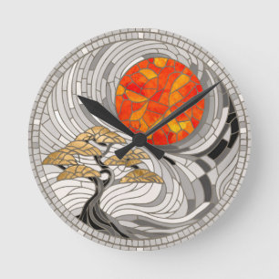 Golden Bonsai Sunrise Mosaic Runde Wanduhr
