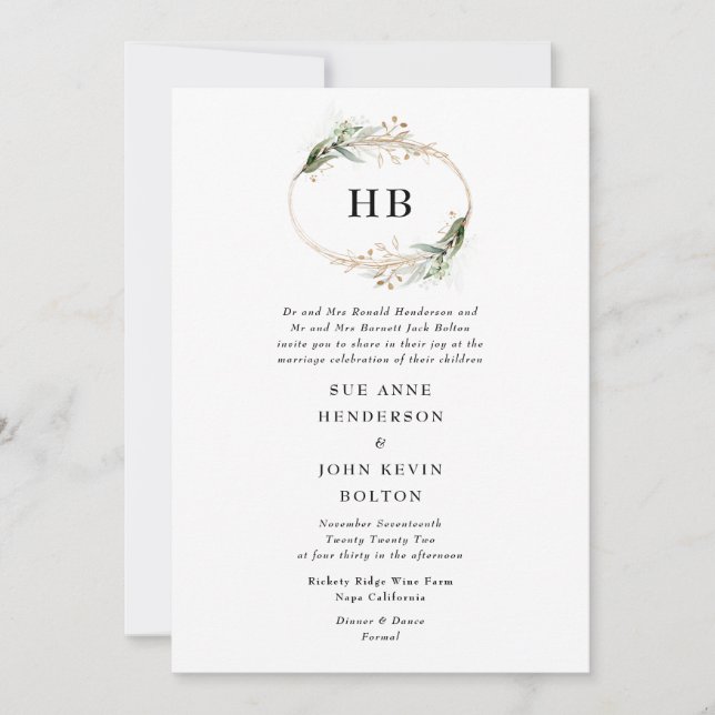 Golden Botanic Eukalyptus Wreath Monogram Green Einladung (Vorderseite)