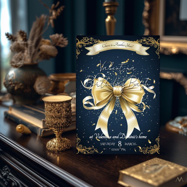 Golden Bow Birthday | Elegant Celebration Einladung (Von Creator hochgeladen)