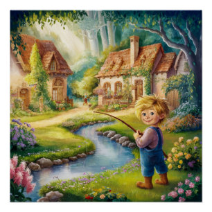 Golden Boy am Bach Malerei Glänzendes Poster