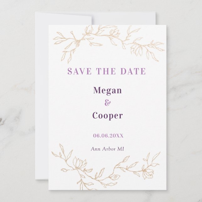 Golden Branches Wedding Design Lavander Save The Date (Vorderseite)