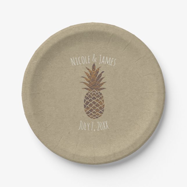 Golden Bronze Ananas Kraft Natural Tropical Pappteller (Vorderseite)
