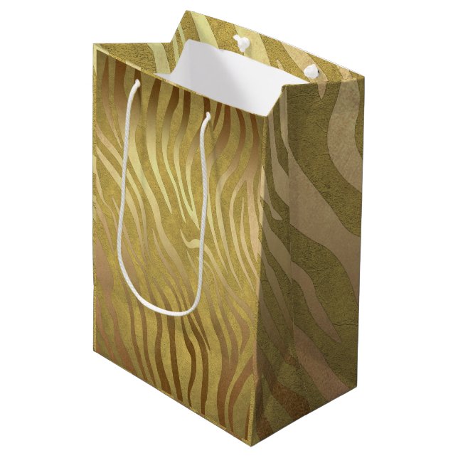 Golden Bronze Zebra Print Jungle Safari Glam Mittlere Geschenktüte (Vorderseite Schrägansicht)
