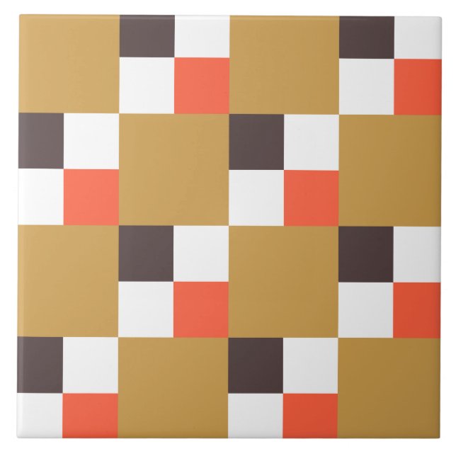 Golden Brown and Coral Schachbrett Muster Fliese (Vorderseite)