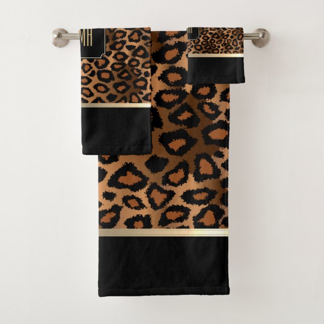 Golden Brown & Black Leopard Pattern - Monogramm Badhandtuch Set (Insitu)