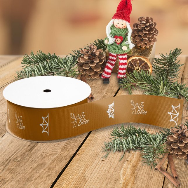 Golden Brown Business Logo Snowflakes Werbeaktion Ripsband (terracotta ribbon with white business logo, brown beige company holiday christmas gift ribbon)