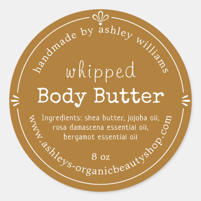 Golden Brown Schrift Handgemachte Körperbutter Eti Runder Aufkleber (Vorderseite)
