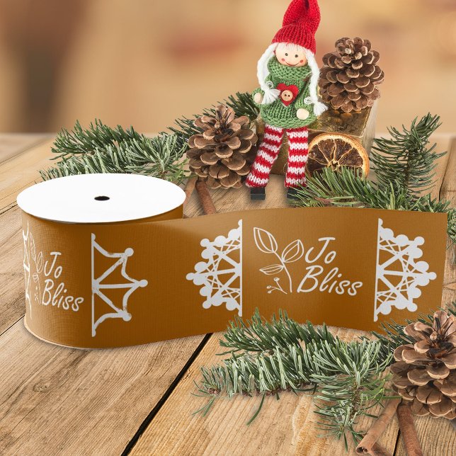 Golden Brown White Business Logo, Schneeflocken Pr Ripsband (terracotta ribbon with white business logo, brown company holiday christmas gift ribbon, snowflakes)