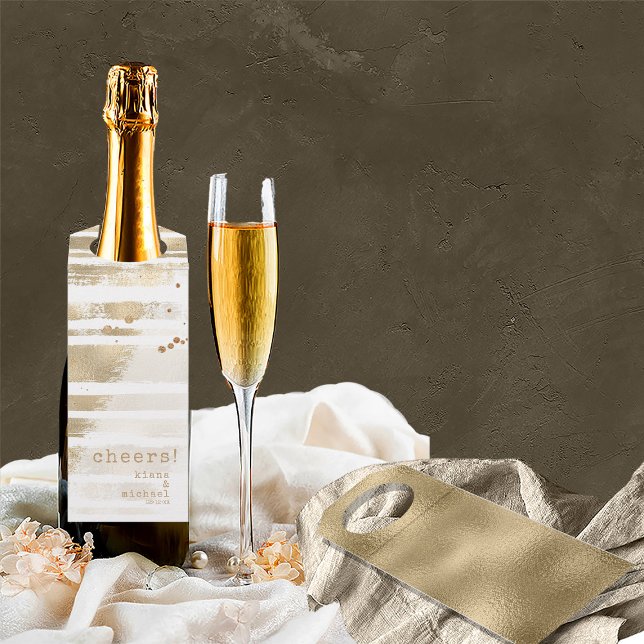 Golden Brush Stripes Wedding Cheers ID655 Flaschenanhänger (Front/Back In Situ)