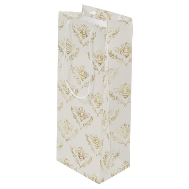 Golden Bumble Bee mit einem Kronmuster Geschenktüte Für Weinflaschen (Vorderseite Schrägansicht)