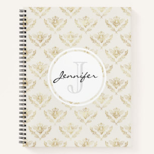Golden Bumble Bee mit einem Kronmuster Monogramm Notizbuch