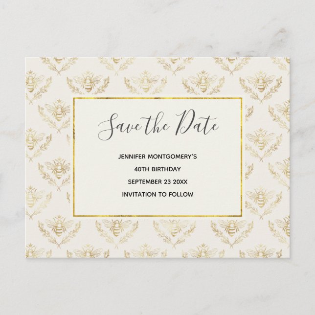 Golden Bumble Bee Pattern Save the Date Einladungspostkarte (Vorderseite)