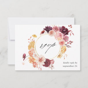 Golden Burgundy Blush Pink Floral w Meal RSVP Kart Karte